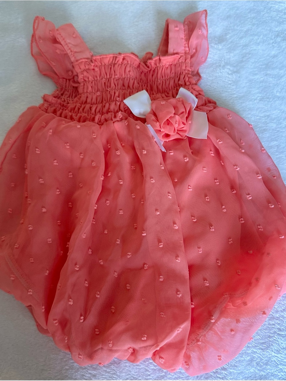 Essentials Coral Bubble Romper with Rosette and Bow